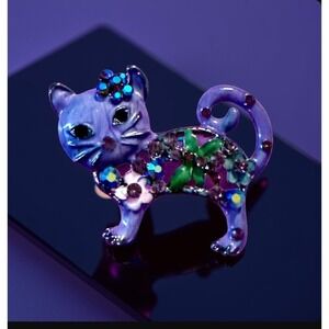 Cute Purple Cat Brooch With Rhinestones & Flowers‎ Fashion Jewelry Pin Gift